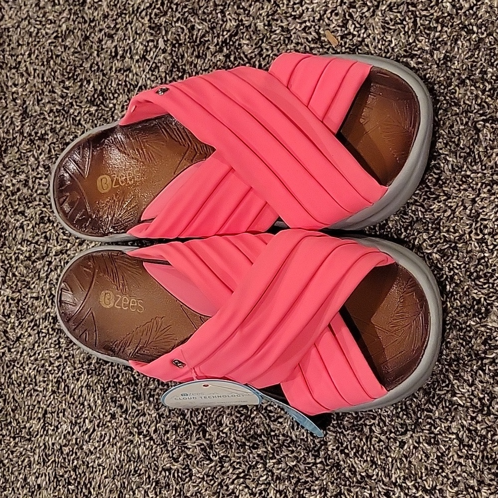 Bzees Women's Neon Coral Pink Crisscross Slide Sandals